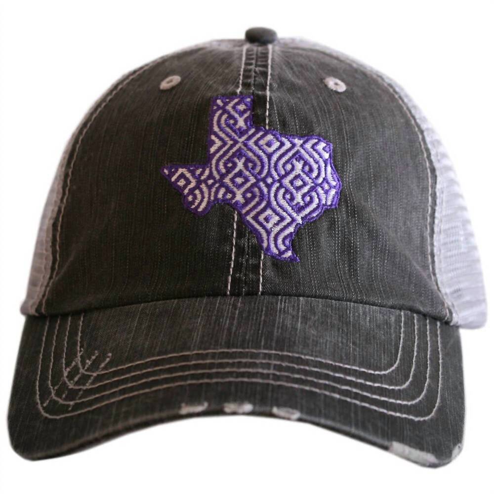NEW KATYDID women's ikat texas embroidered distressed trucker hat in purple & wh